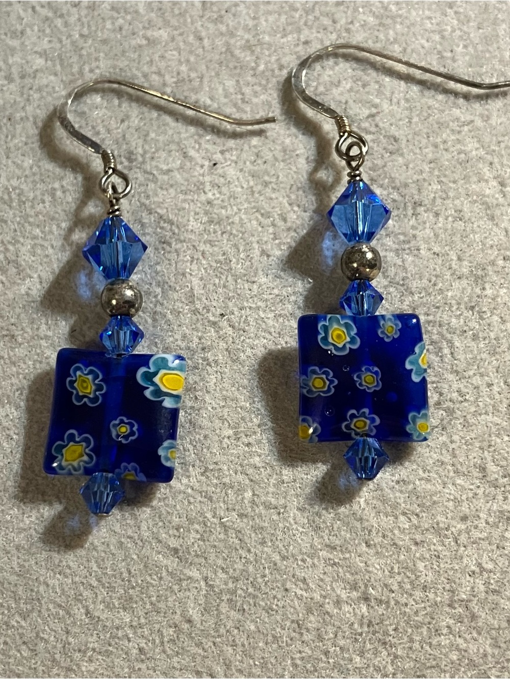 Dainty Handmade Blue and Yellow Floral Millefiori Glass Dangle Earrings
